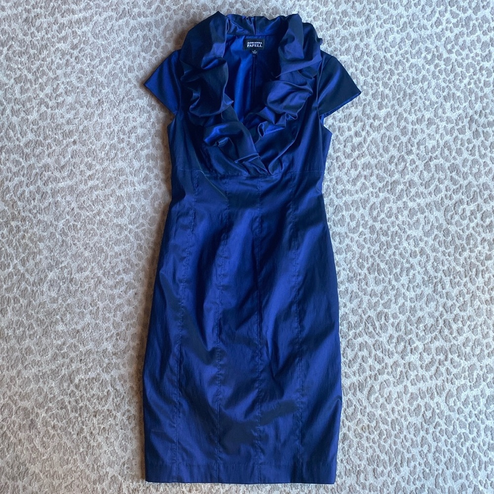 Adrianna Papell Navy Blue Taffeta Ruffle Collar Cocktail Dress, size 4